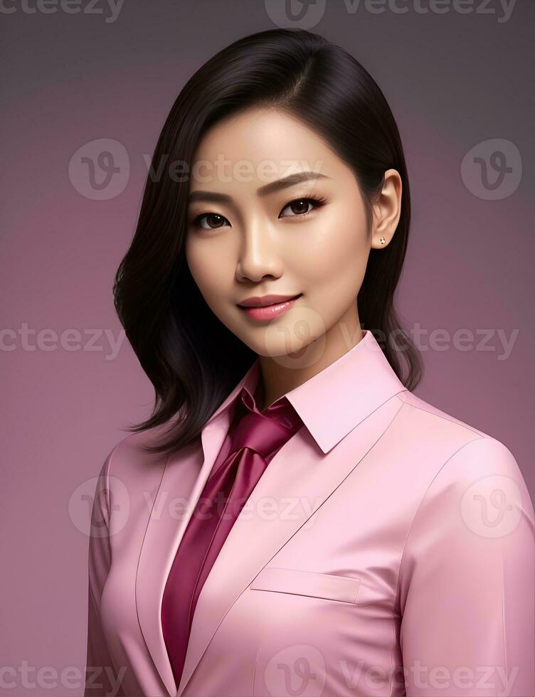 AI Generative, smiling young businesswoman in beige suit looking at camera over white background photo