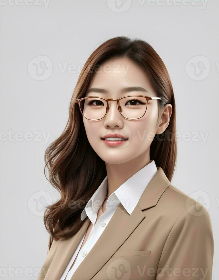 smiling young businesswoman in beige suit looking at camera over white background photo