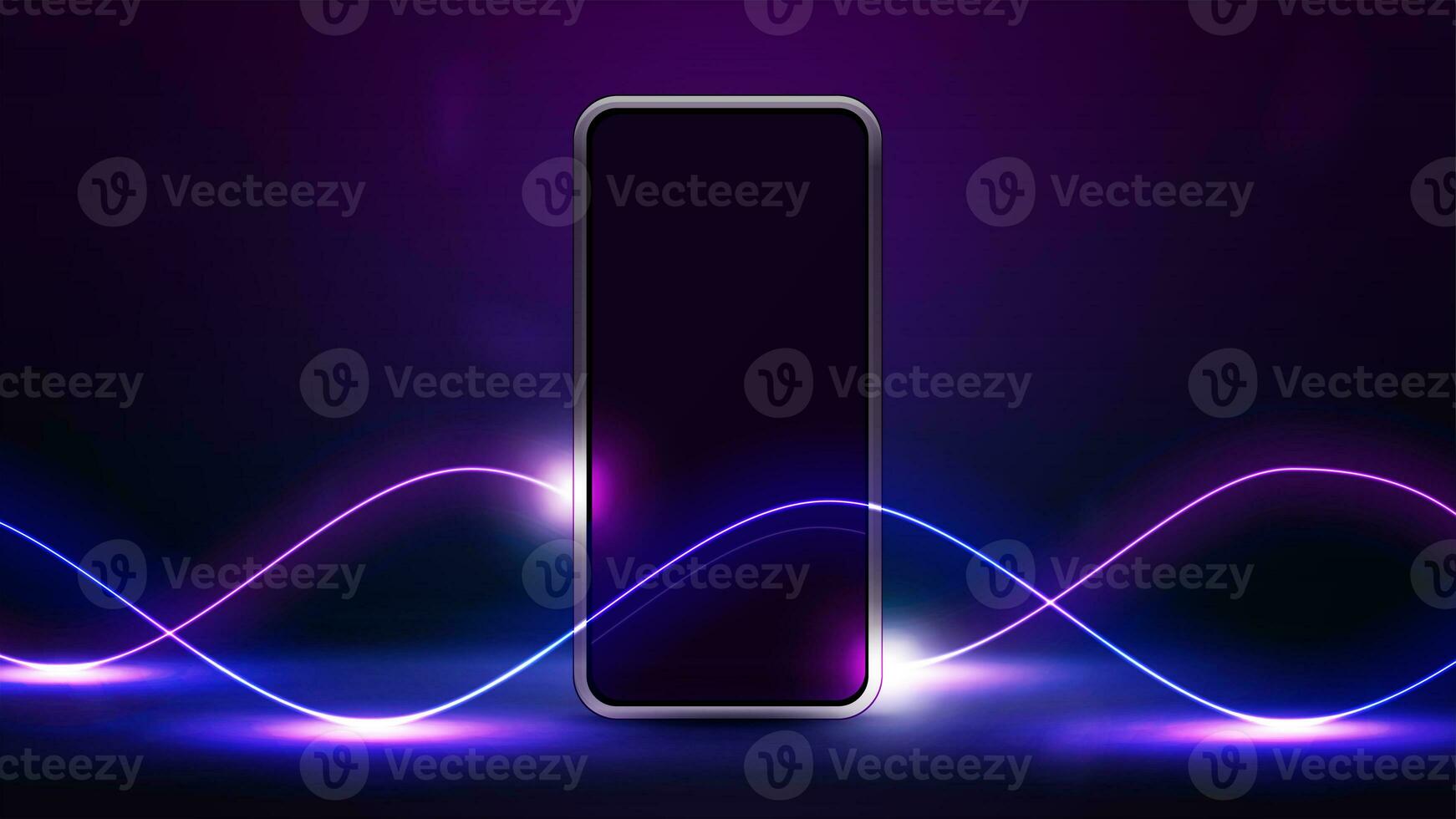 Smartphone on floor in empty scene with neon wave line lasers photo