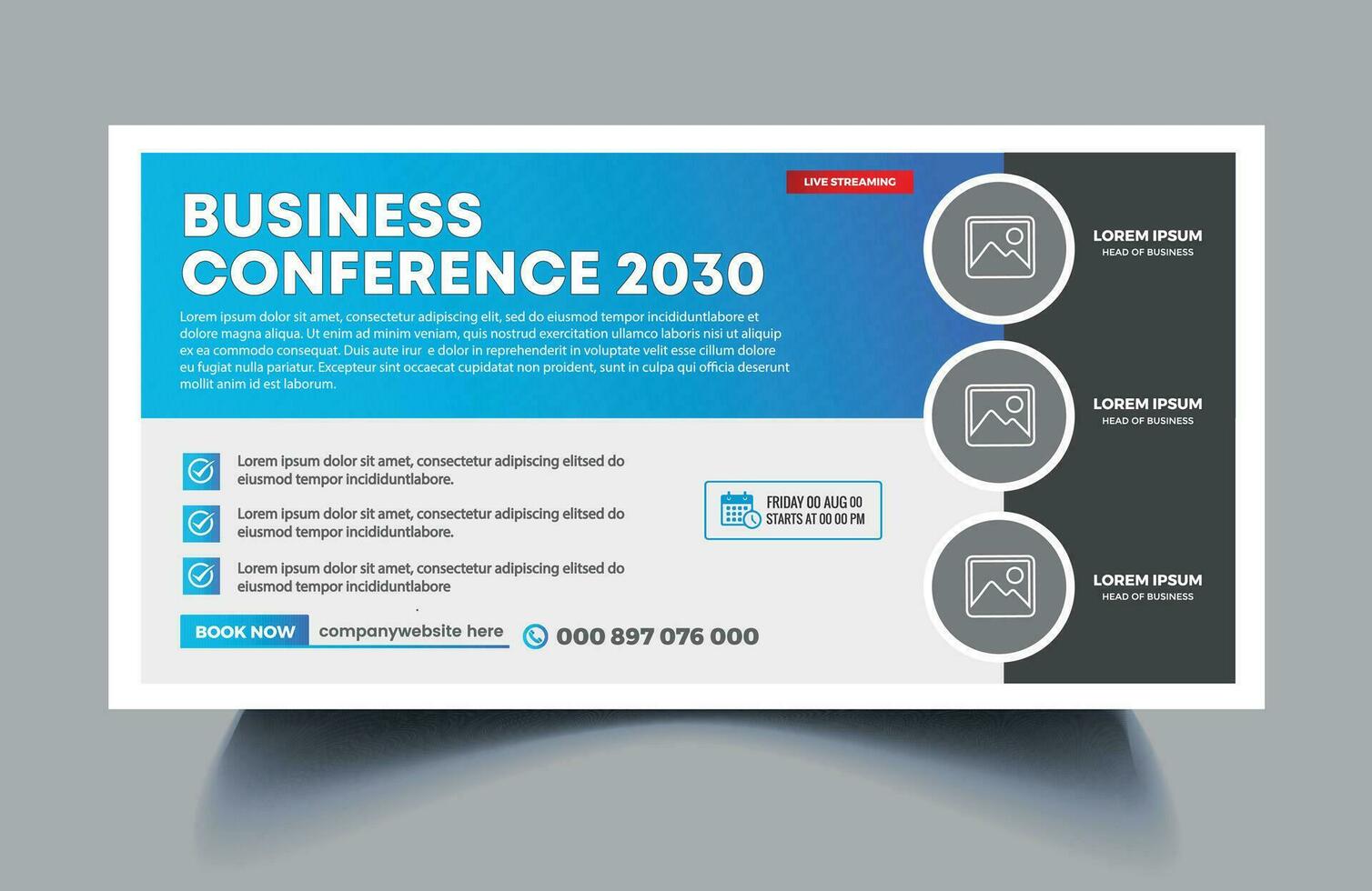 Horizontal business conference flyer template or online webinar event conference social media banner layout. Free Vector