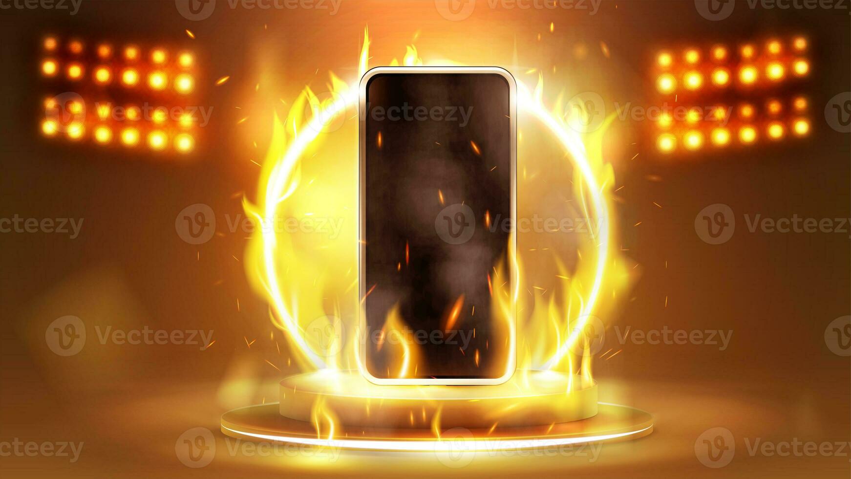 teléfono inteligente en fuego en podio con fuego anillo en antecedentes foto