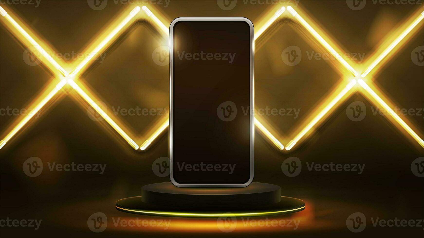 Smartphone on gold empty podium in dark scene with wall of line rhombus gold neon lamps photo