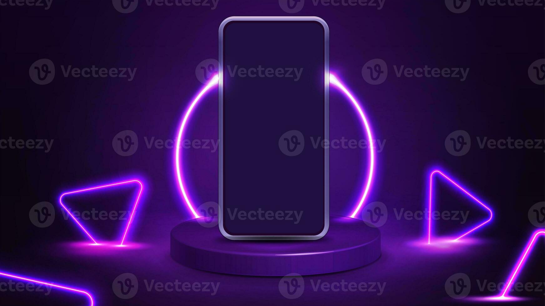Smartphone on purple podium with line neon ring on background and neon purple triangles around. photo