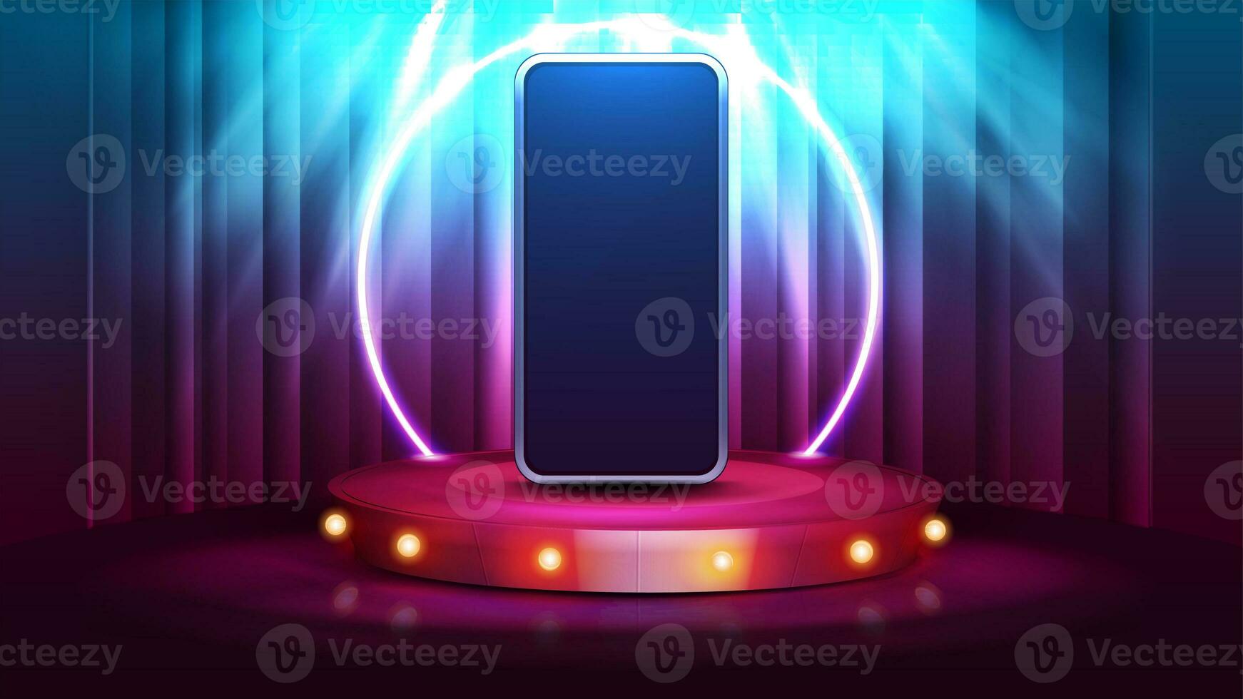 Smartphone on cartoon red round podium with bulbs lights and spotlight on background with curtain photo