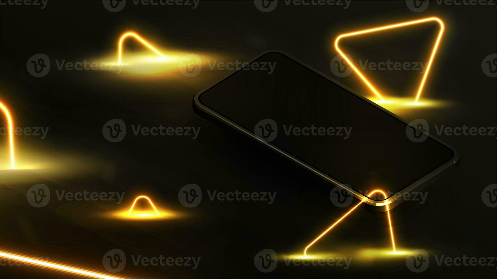 Black smartphone on dark background with yellow neon triangles around. Smartphone mockup for your arts photo