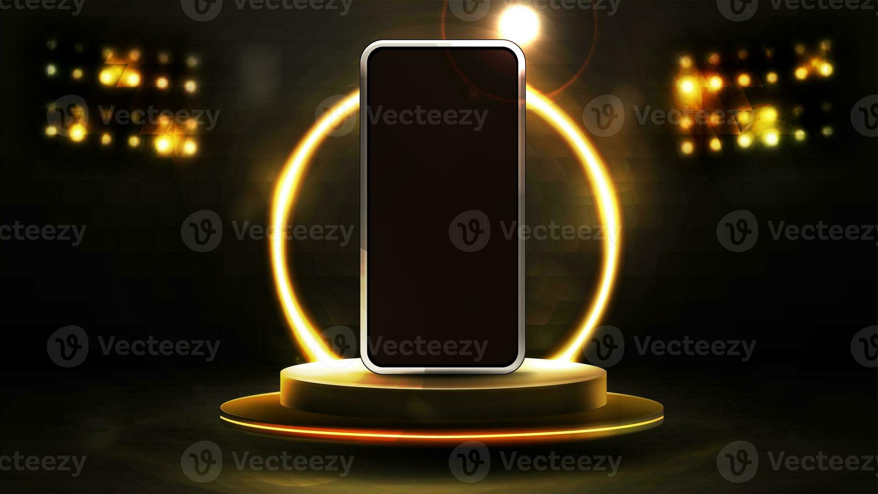 Smartphone on realistic empty gold podium floating in the air with gold neon ring on background and spotlights photo