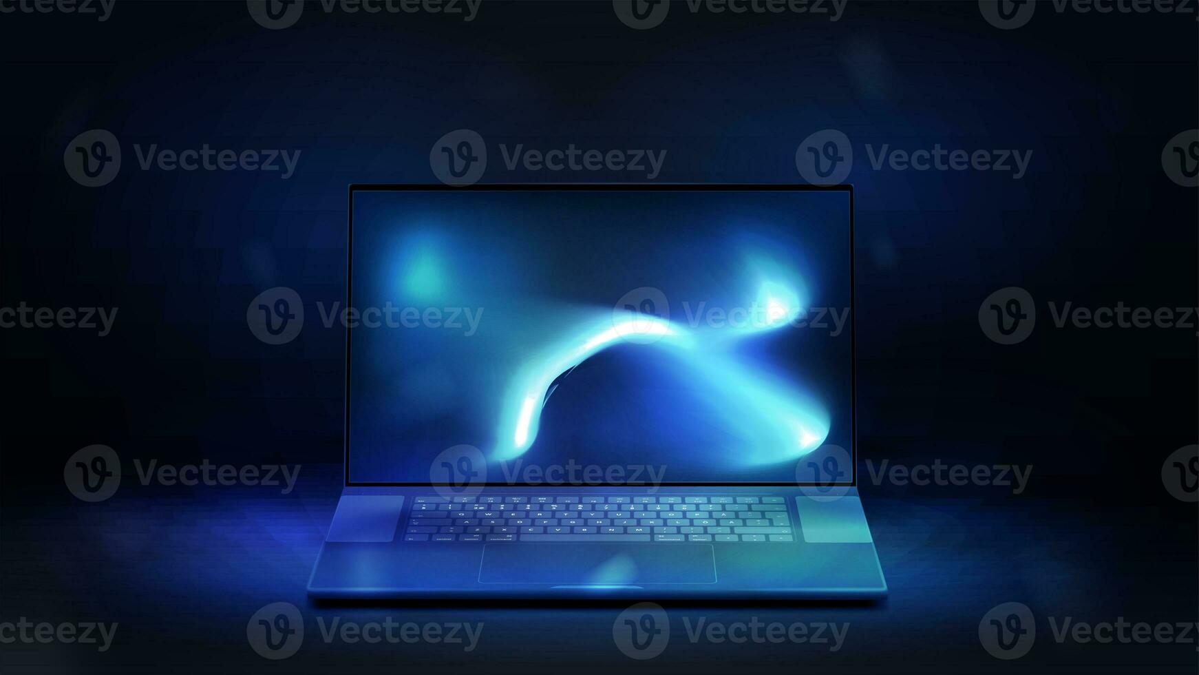 Realistic laptop in blue and dark scene. Computer laptop with screen for copy space text photo