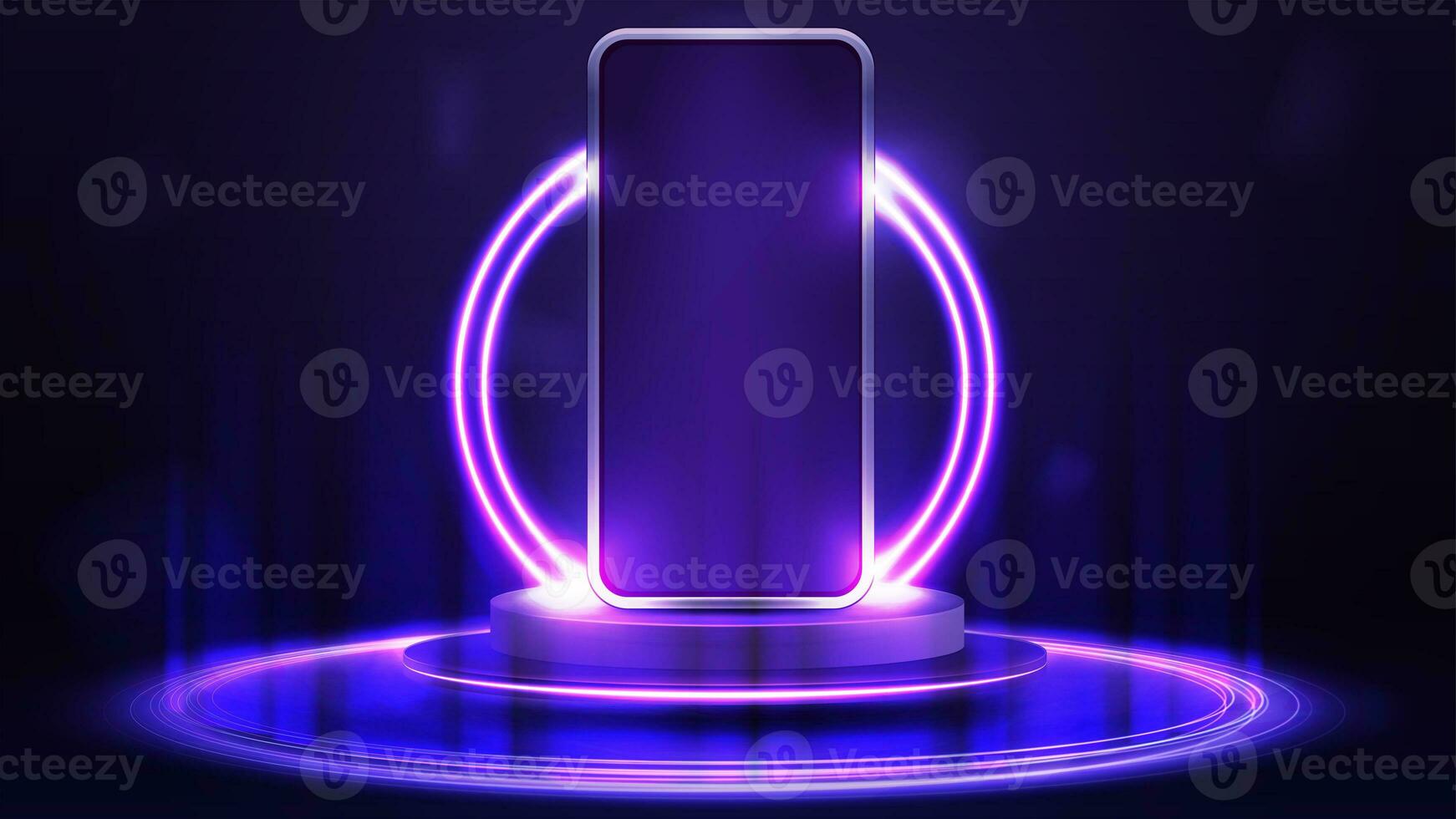 Smartphone mockup on empty purple podium floating in the air with purple neon rings on background and hologram of digital rings on a floor photo