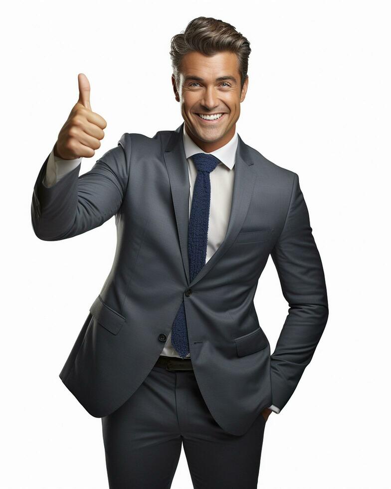 Ai generative photo business concept portrait of excited man dressed in formal wear giving thumbs up