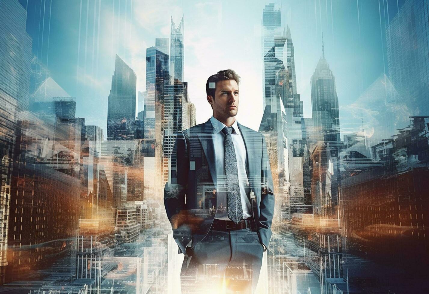 Ai generative A Double Exposure of a Businessman in the Cityscape Embodies Success and Future Plans photo