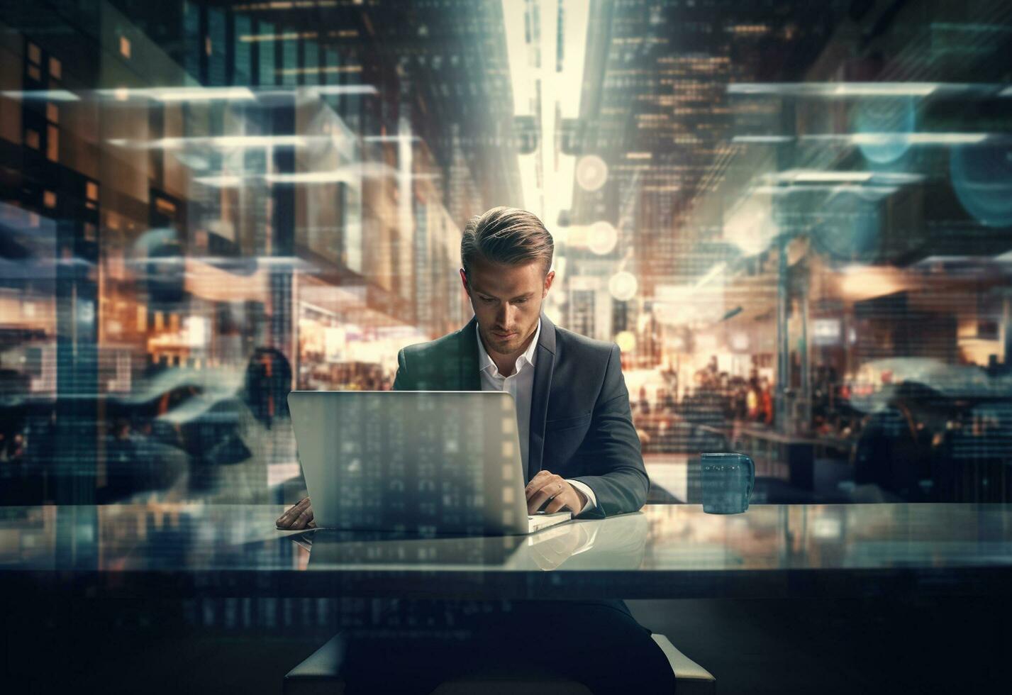 Ai Generative double exposure photo of a business man using laptop on his desk front view office background