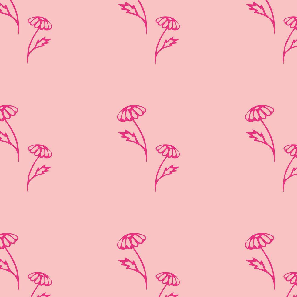 Hand drawn pink flowers on a pink background, flat vector, scandinavian pattern vector