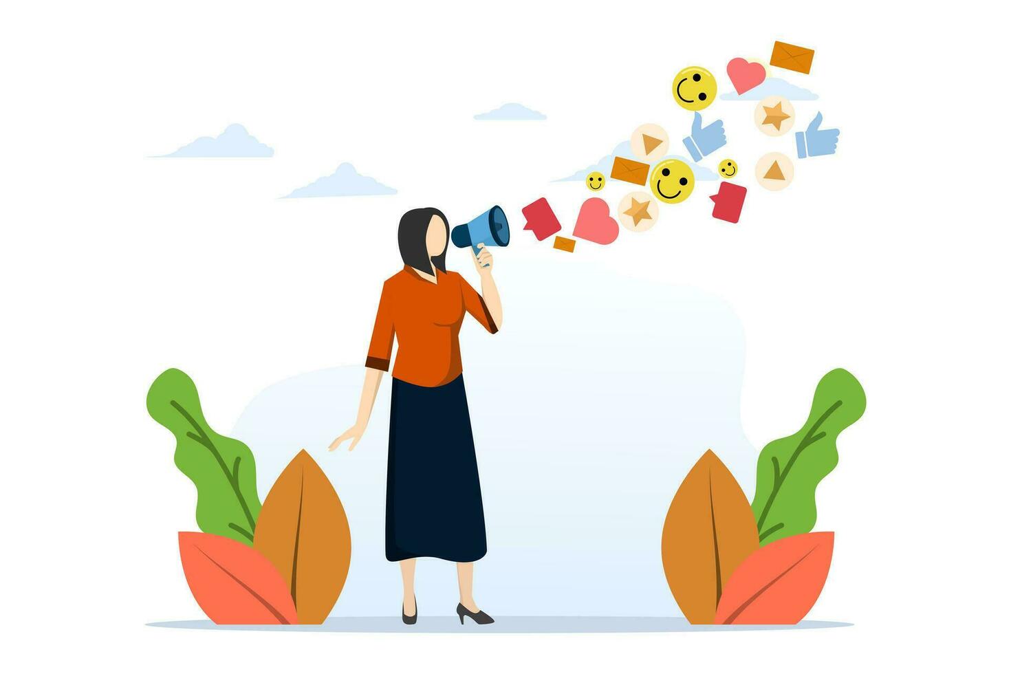 concept of online promotion or email newsletter, PR, public relations or marketing communications, advertising campaign or social media marketing, people talking through megaphone on social media. vector
