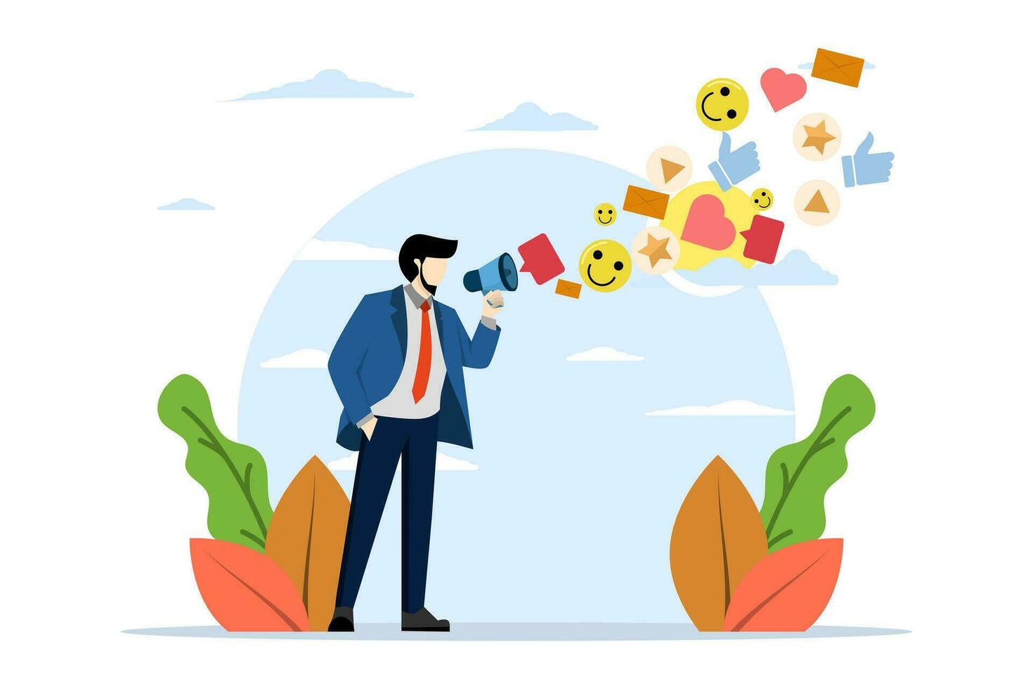 concept of online promotion or email newsletter, PR, public relations or marketing communications, advertising campaign or social media marketing, people talking through megaphone on social media. vector