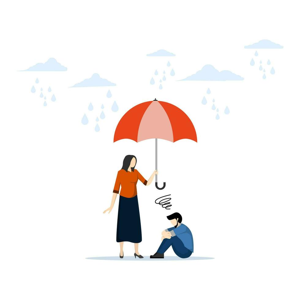 Concept of support for those experiencing stress, a woman holds out an umbrella from the rain to another person in a state of depression. Flat vector illustration on white background.