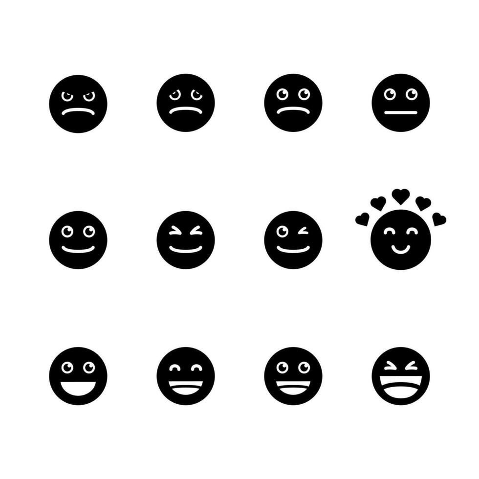 emoticon íconos conjunto terminado blanco fondo, silueta estilo, vector ilustración