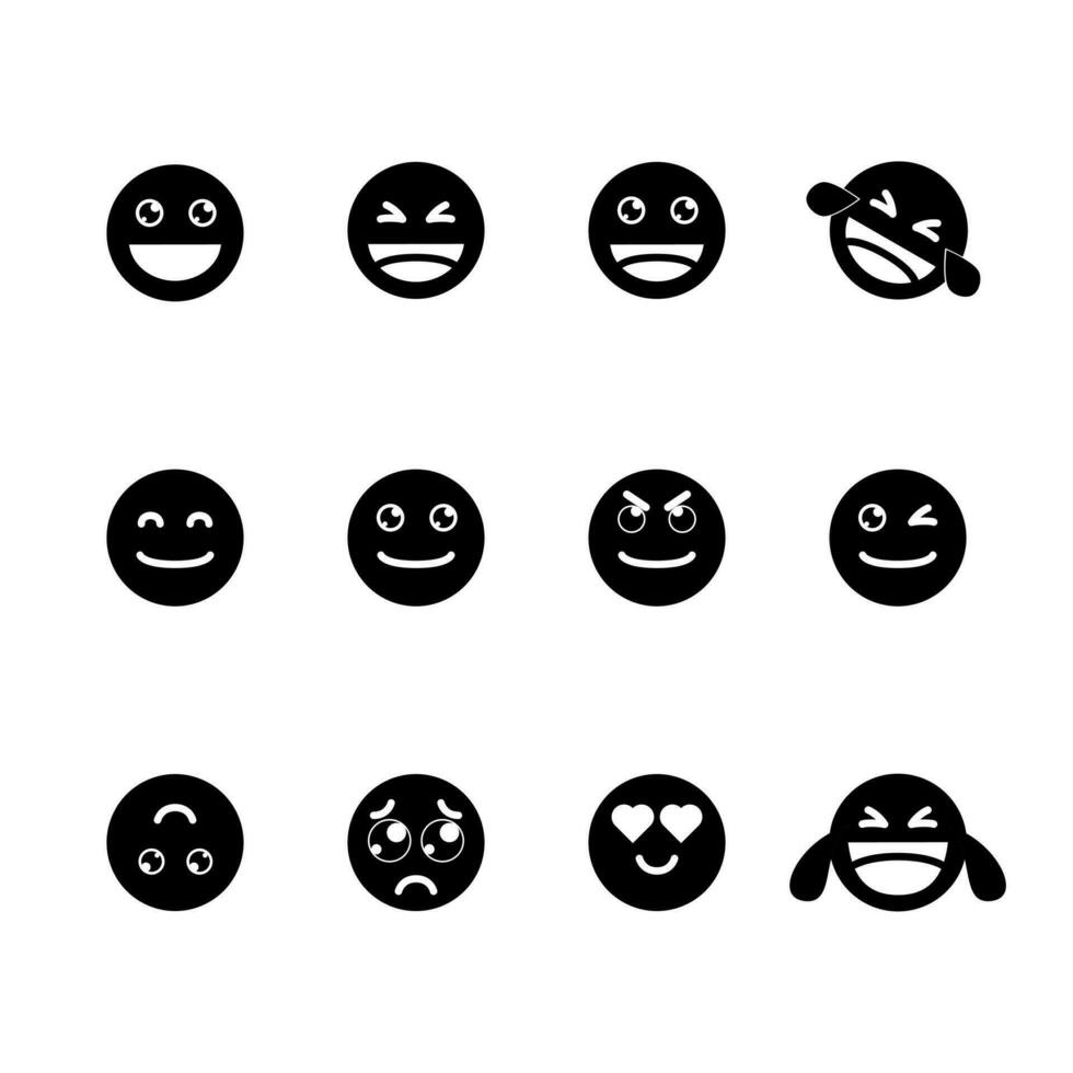 emoticon íconos conjunto terminado blanco fondo, silueta estilo, vector ilustración