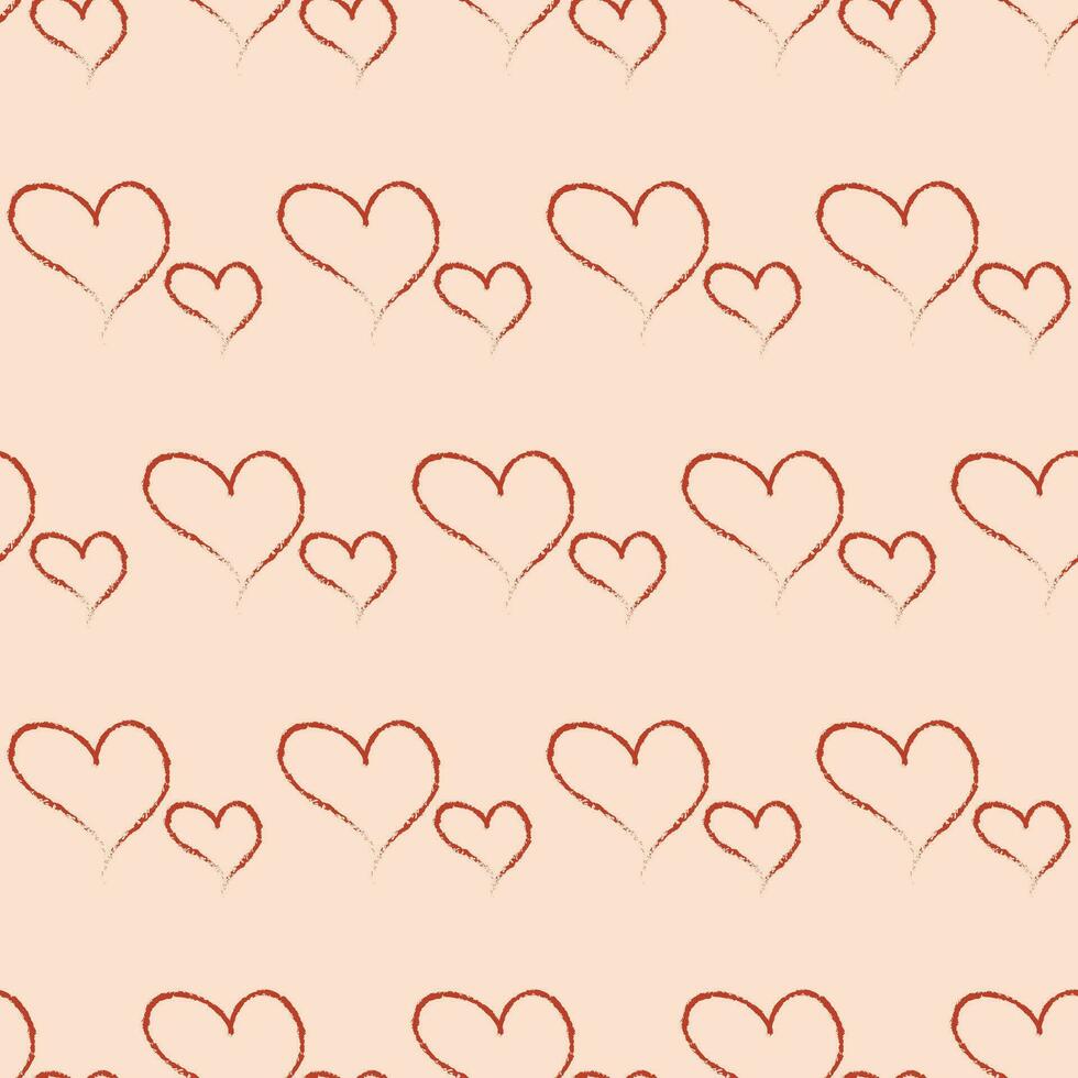 Seamless geometric pattern with red hearts by hand drawing on pink background. Valentine's day's patter. Vector print for fabric background