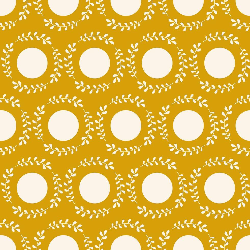 Seamless vintage geometric pattern. White leaves around circle. Vector texture. fashionable print for textiles, wallpaper and packaging.