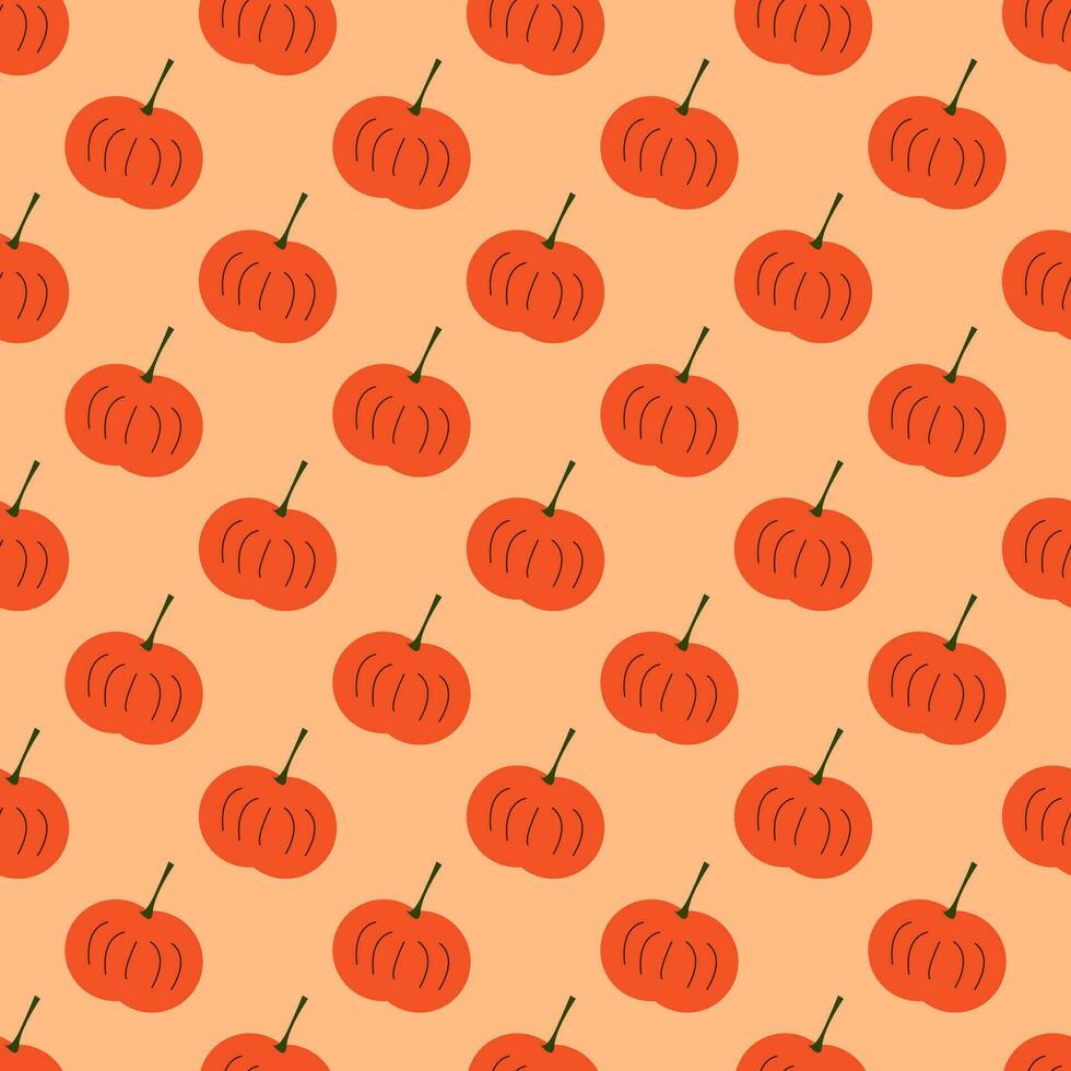 Seamless geometric pattern with orange pumpkin on light pink background. Vector print for fabric background