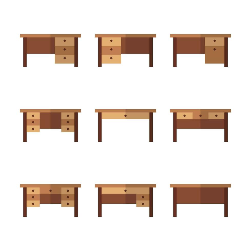 Wooden Office Desk Table Furniture Color Icon Set vector