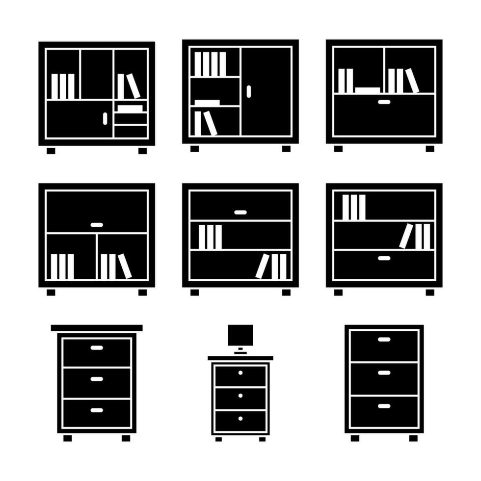 Wooden Bookshelf and Drawers Furniture Glyph Icon Set vector