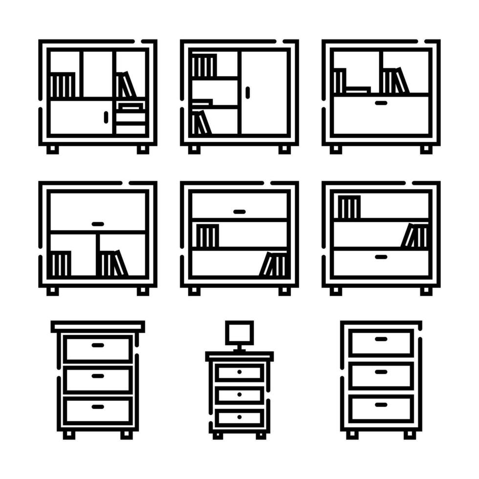 Wooden Bookshelf and Drawers Furniture Line Icon Set vector