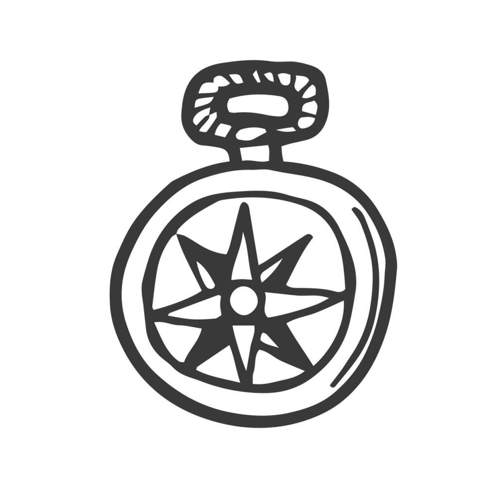 Compass in doodle style isolated on white background. Hand drawn vector outline sketch. Illustration of touristic navigator. Design for print, web, mobile, flyer, coloring book, tattoo