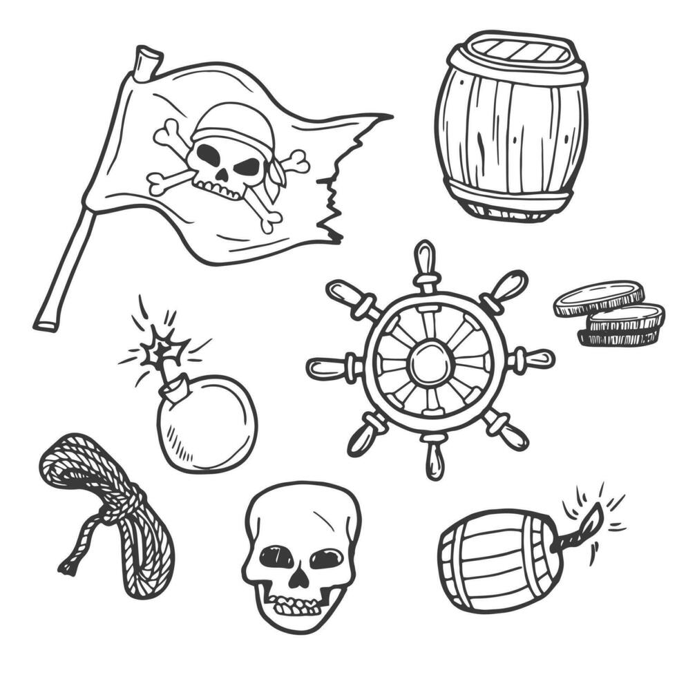 Vector set with hand drawn isolated doodles on the theme of pirates and adventures. Sketches for use in design on white color