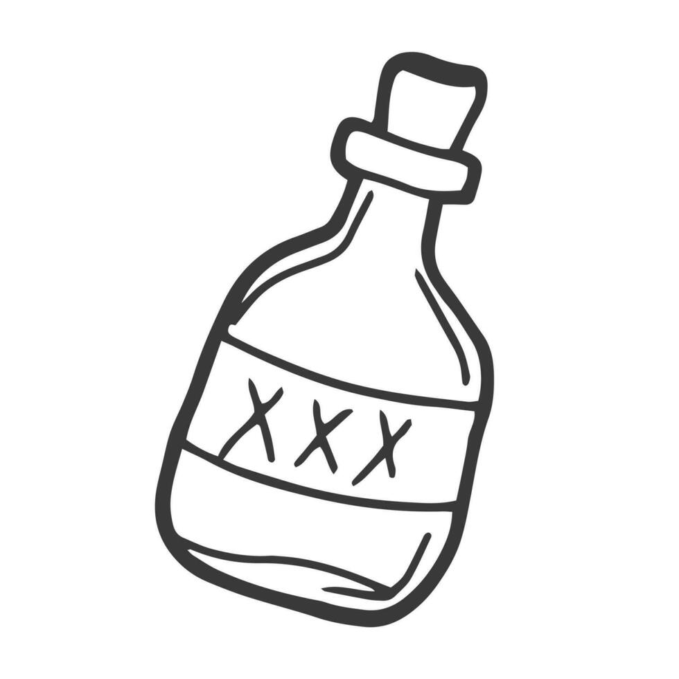Vector hand drawn illustration of bottle of rum in ink hand drawn style. isolated on white.