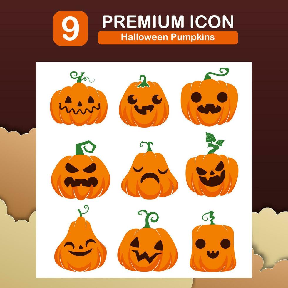 Vector flat premium icon set halloween orange pumpkin.