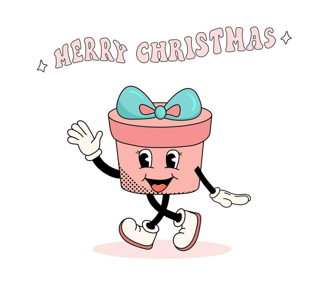 Groovy Christmas pink girly gift box, cute girl mascot character in trendy retro style. Groovy lettering Merry Christmas. Vector illustration