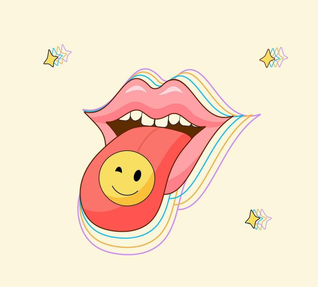 Vintage woman's half-open mouth, tongue sticking out. Retro groovy pink lips, mouth with sticker on tongue. Pop art style illustration. Vector cartoon illustration.