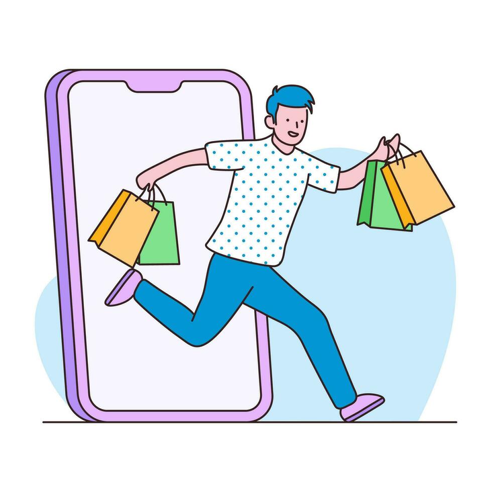 hombre corriendo para comprando desde en línea tienda plano ilustración vector