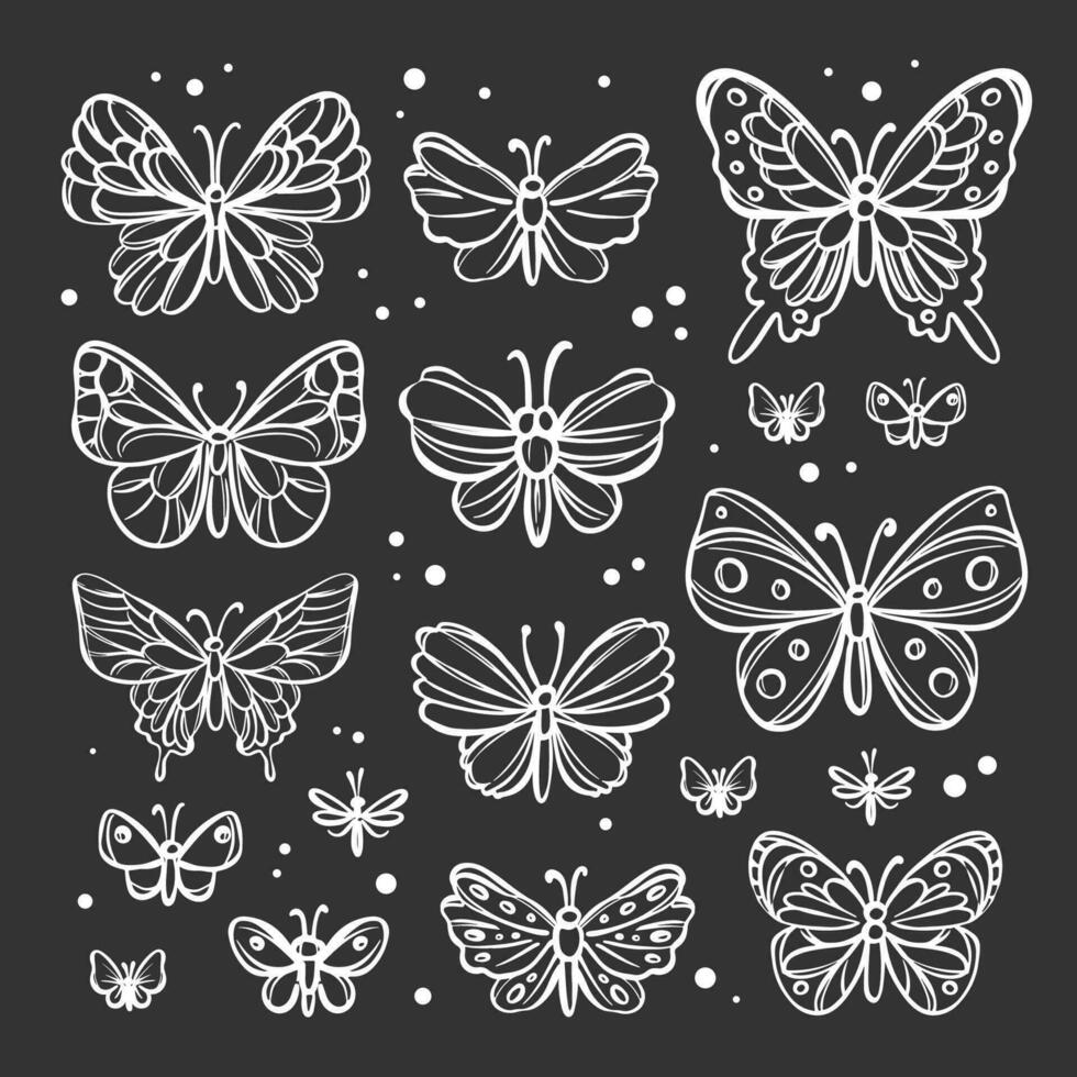 mariposas bosquejo en negro acuarela vector inverso conjunto