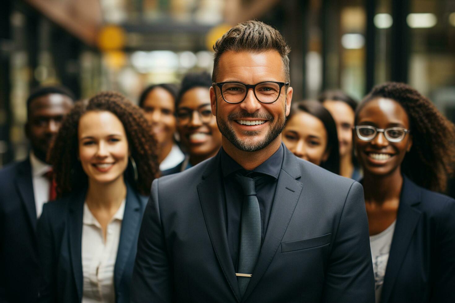 Ai Generative group of happy business man and business women, dressed in suits are smiling, in the office photo