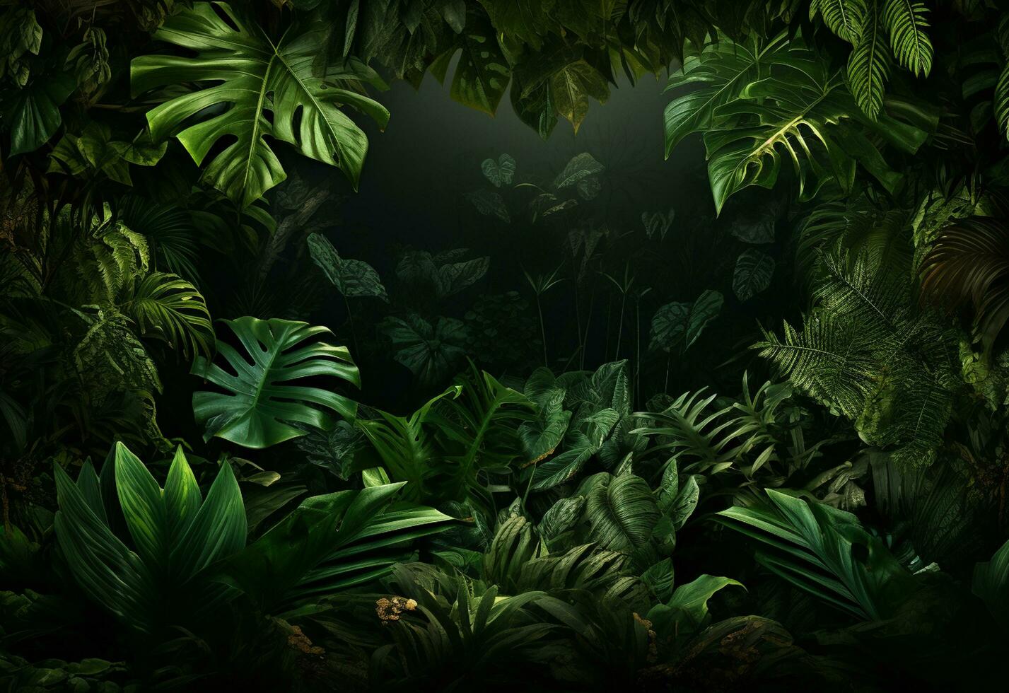 Ai Generative Beautiful jungle background with border made of tropical leaves backdrop with copy space photo