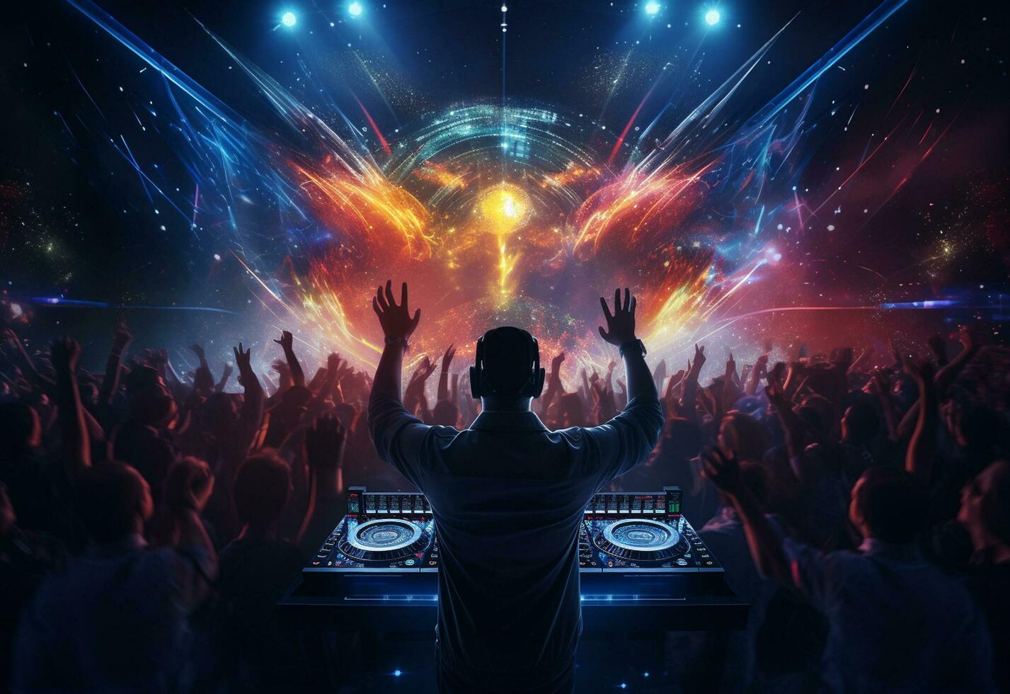 Ai generative DJ playing and mixing music in nightclub party at night . EDM dance music club with crowd of young people photo