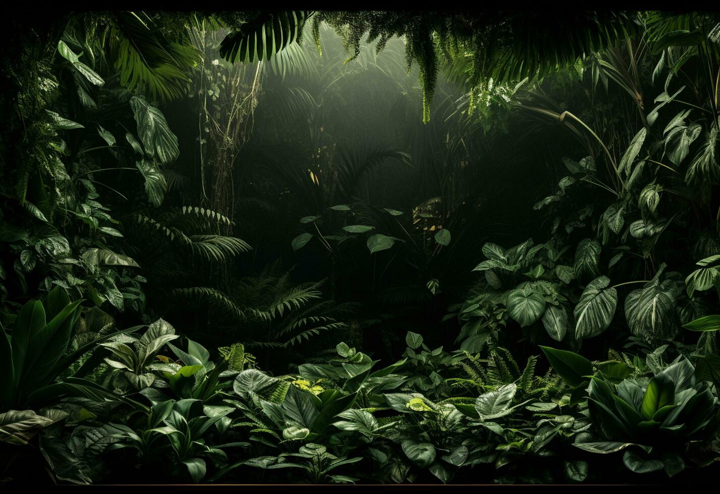 Ai Generative Beautiful jungle background with border made of tropical leaves backdrop with copy space photo