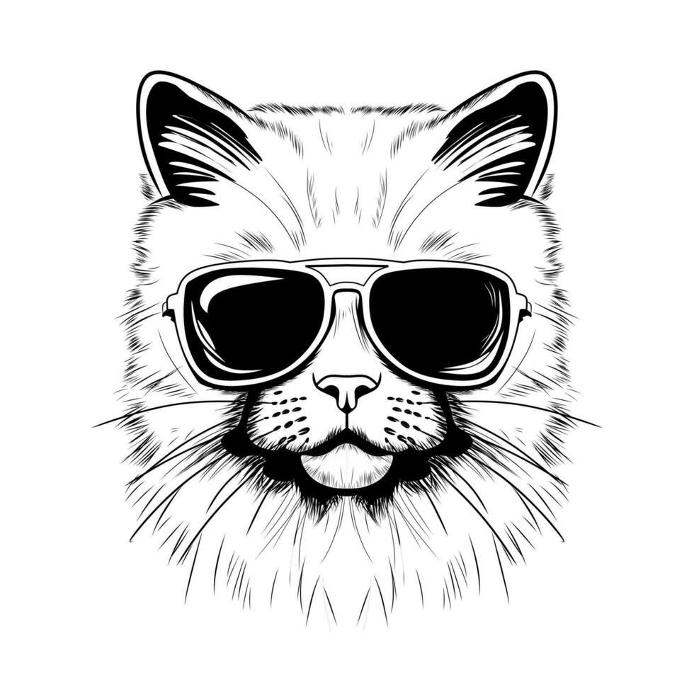 black and white illustration design of a cat wearing glasses on a white background vector
