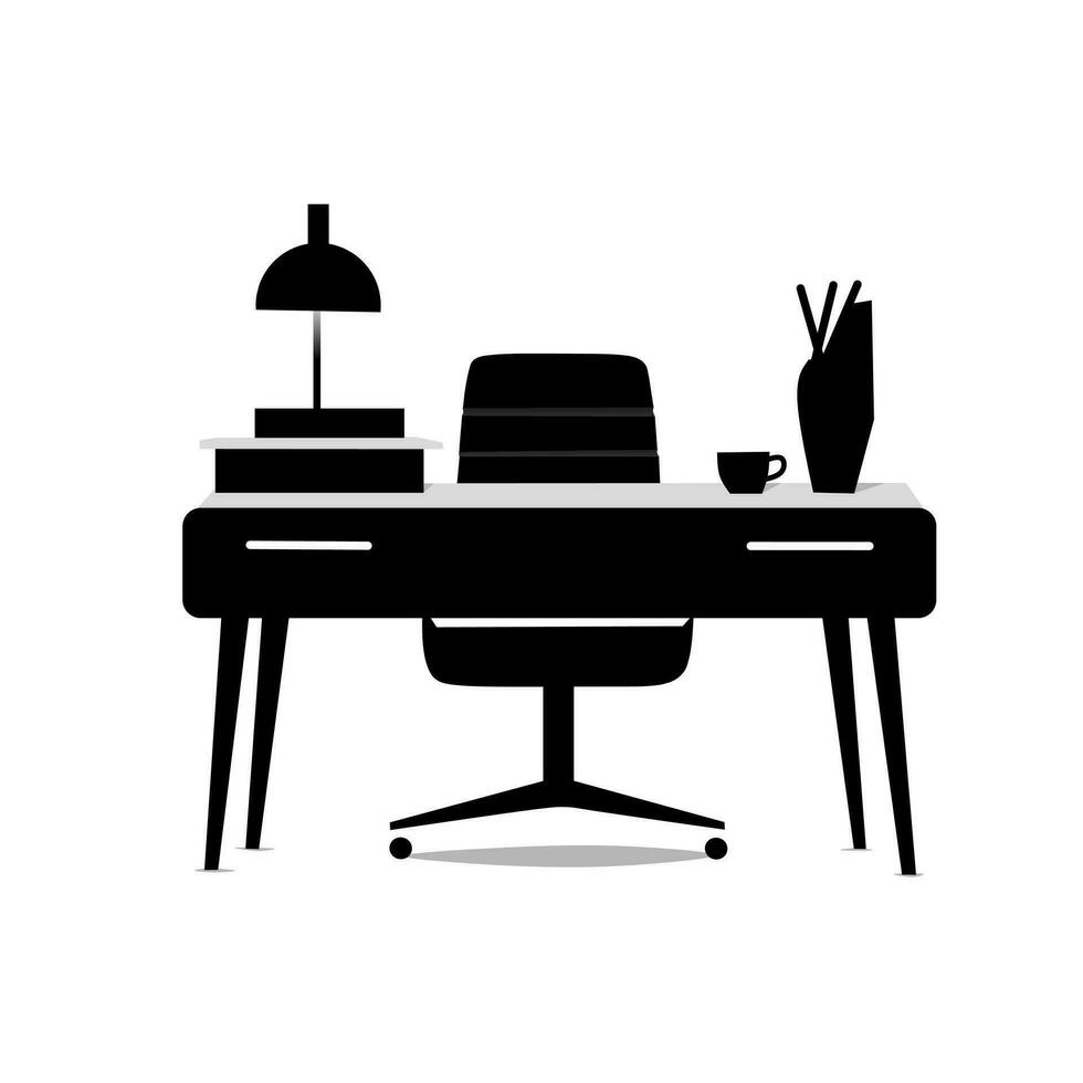 black and white illustration design of work table and chairs on a white background vector