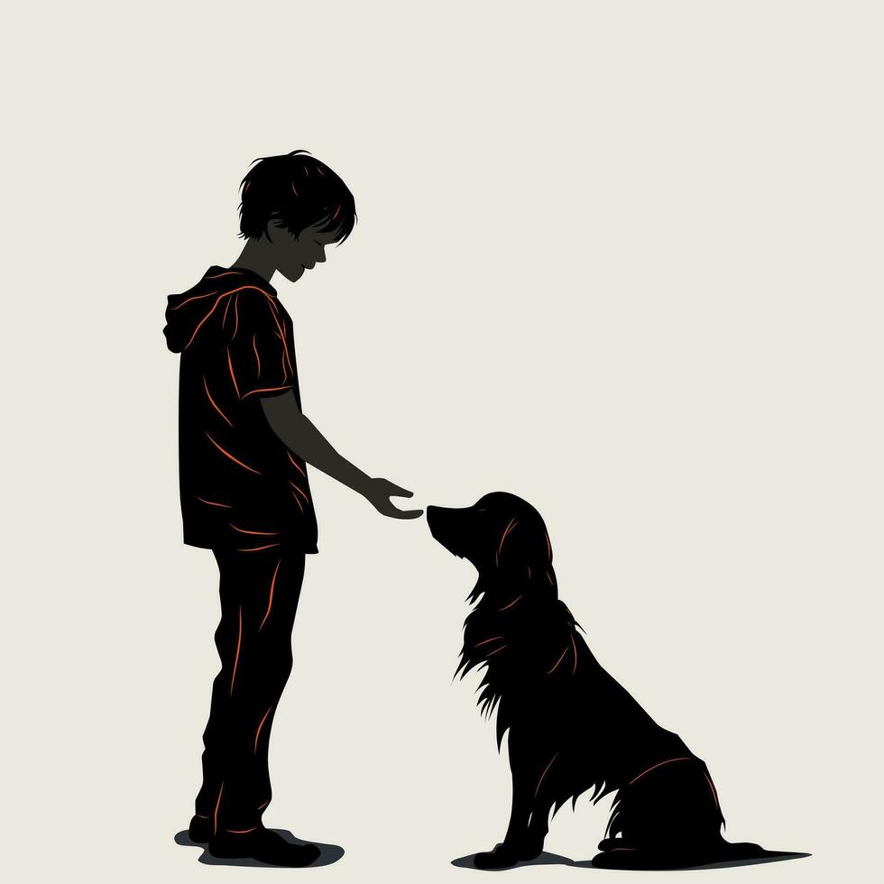 black and white illustration design of a human and his loyal dog on a white background vector