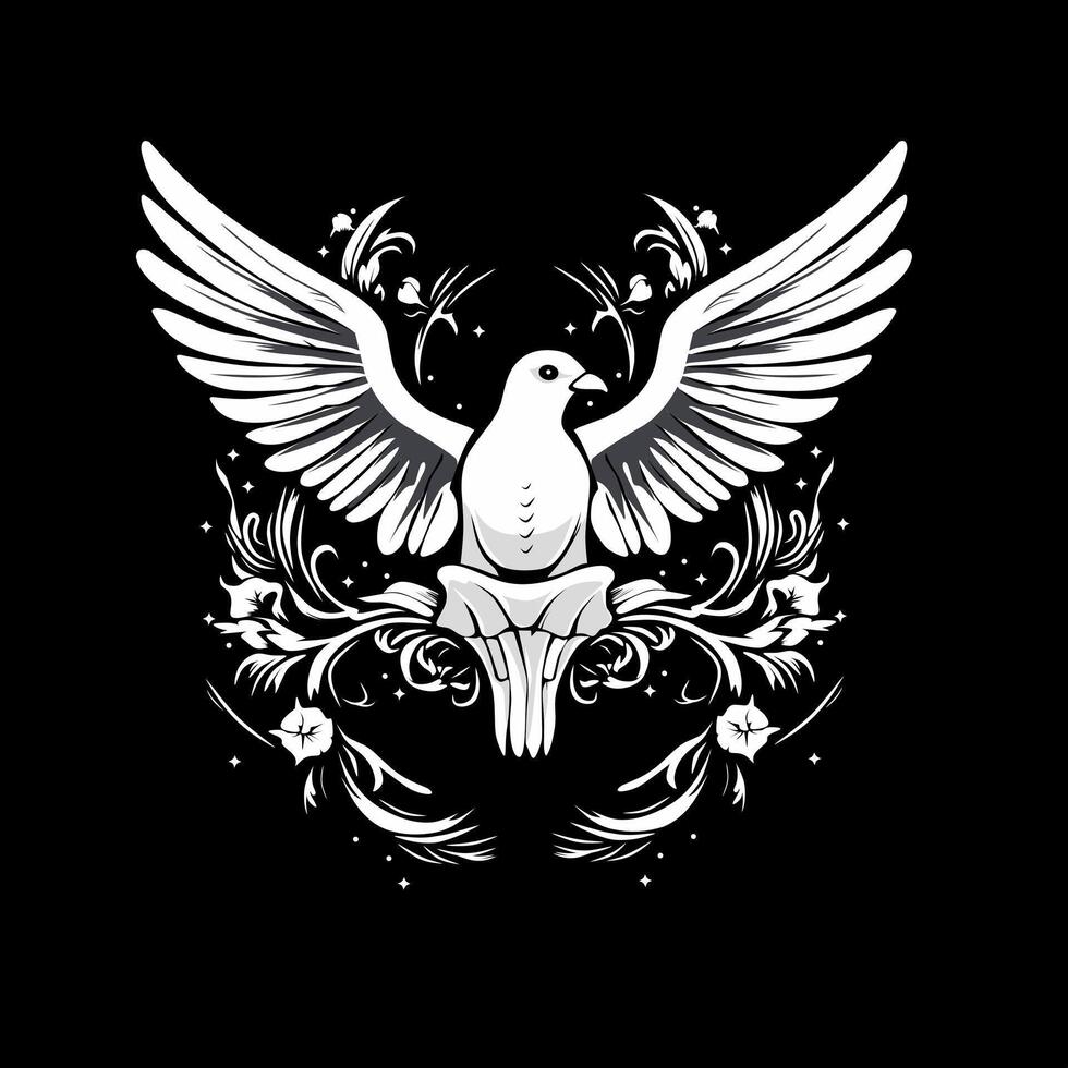 black and white dove logo illustration design with ornament isolated on black vector