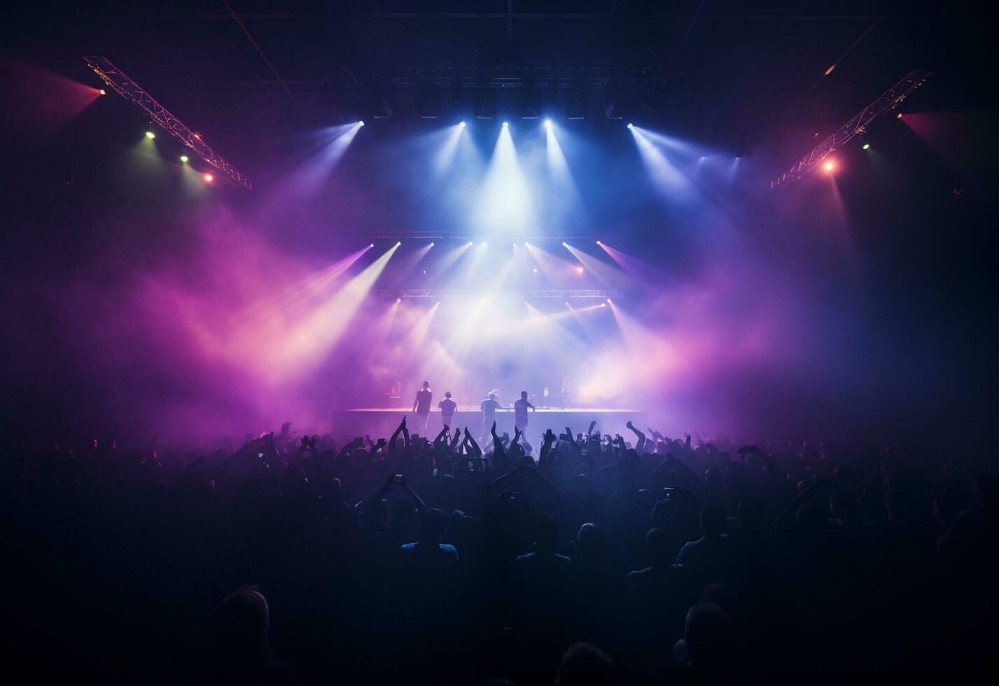 Ai generative Concert Stage Scenery With Spotlights Colored Lights Smoke photo
