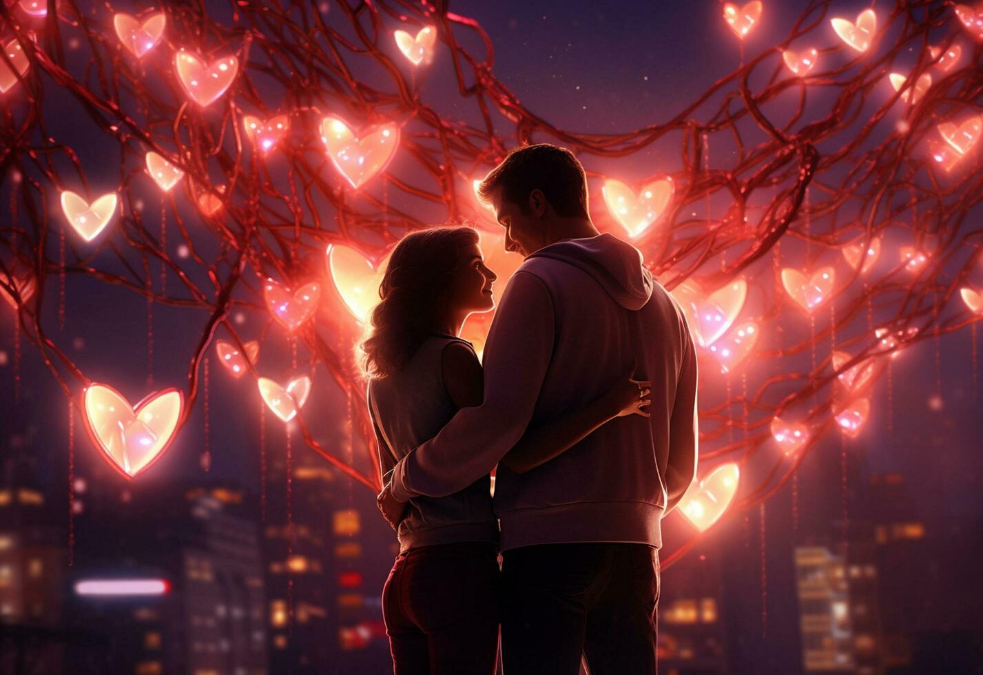 ai generativo un Pareja abrazando cada otro en San Valentín día, zona iluminado por el calentar resplandor de colgando corazones foto