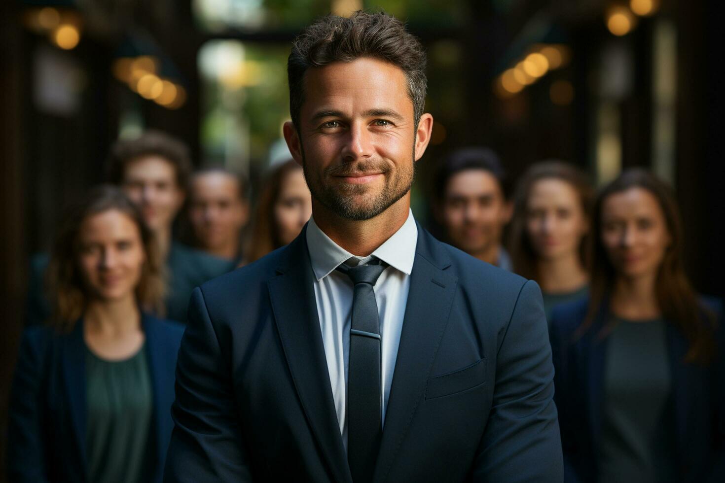 Ai Generative group of happy business man and business women, dressed in suits are smiling, in the office photo