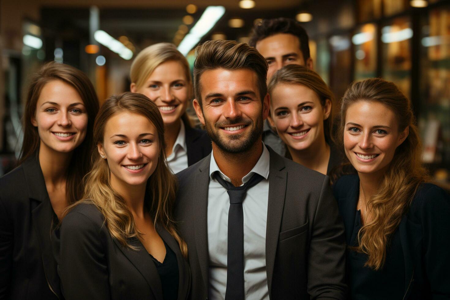 Ai Generative group of happy business man and business women, dressed in suits are smiling, in the office photo
