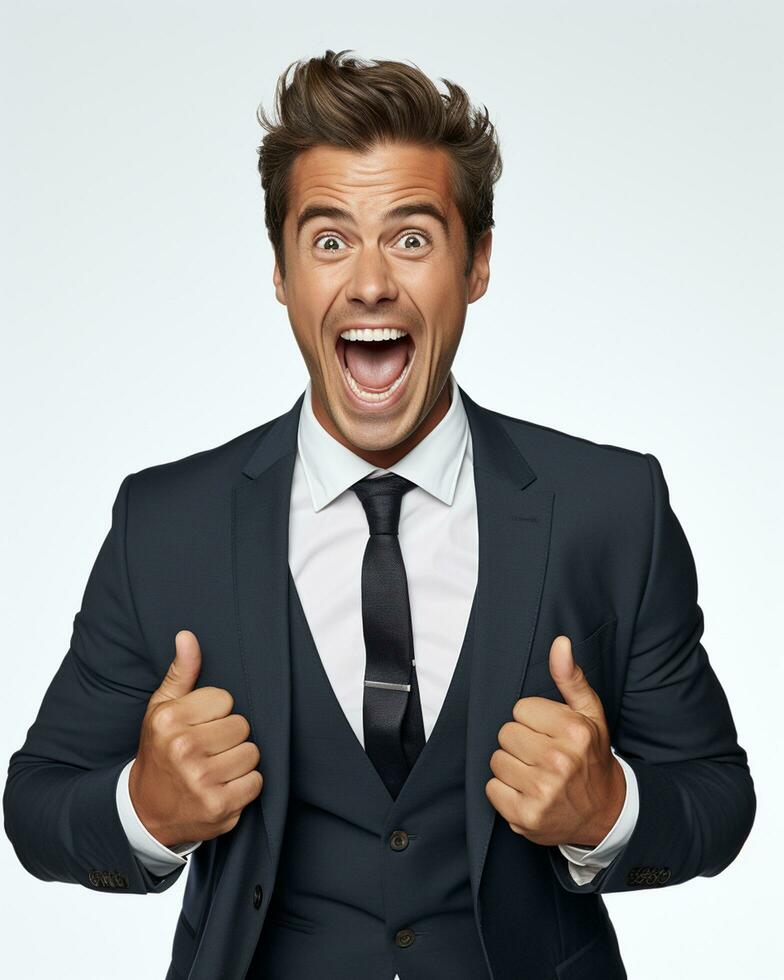 Ai generative photo business concept portrait of excited man dressed in formal wear giving thumbs up