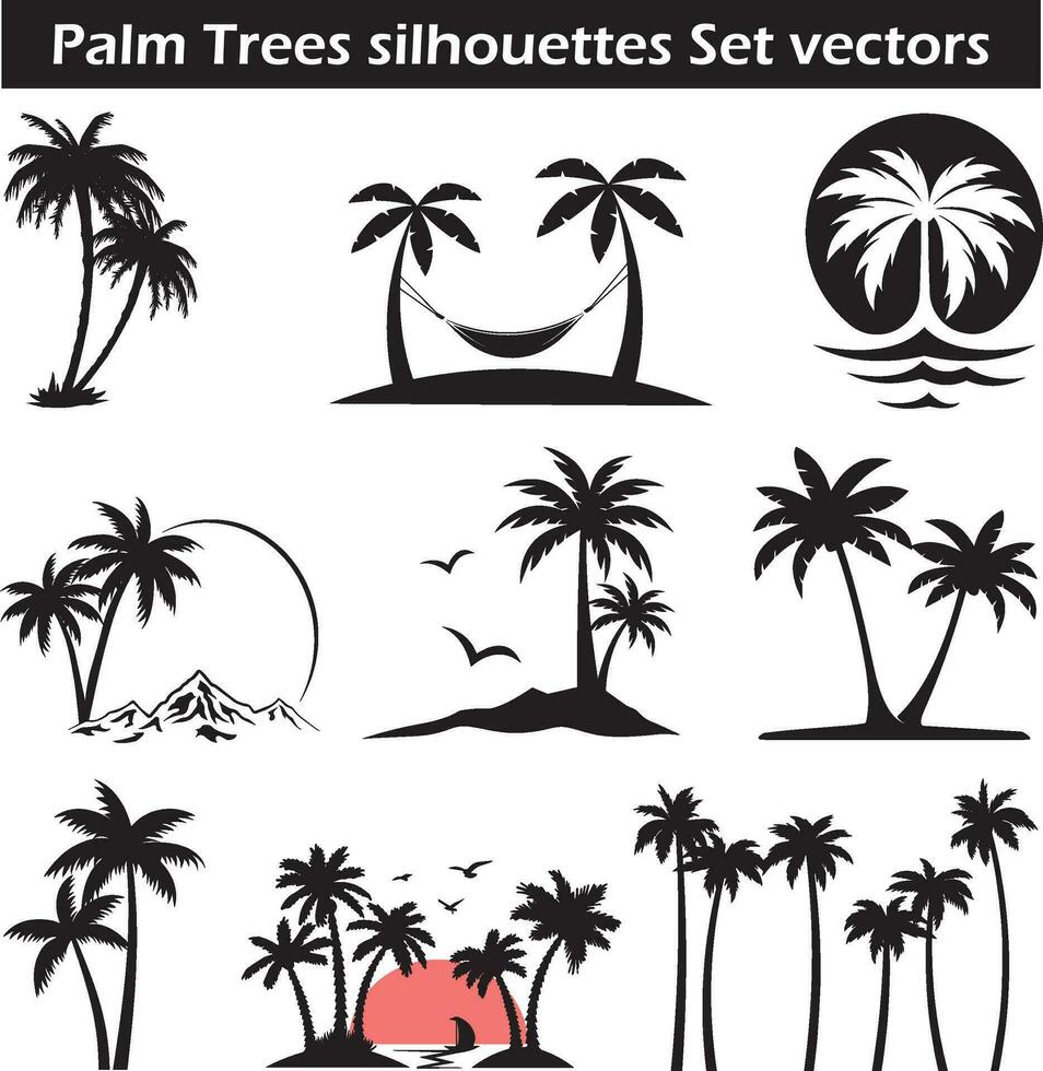 palm trees silhouettes set of palm trees vector silhouette, Palm trees on the beach