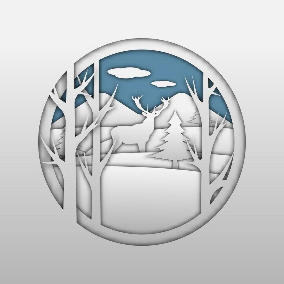 Reindeer vector illustration. Paper cut reindeer in mountains. Layered paper art on a natural blue background.